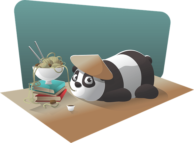 Panda lying on table, slupping noodles.