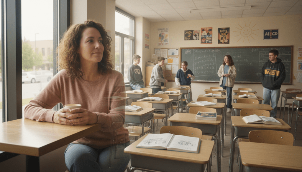 A woman in a pink sweater sitting at a desk, superimposed over a busy classroom.